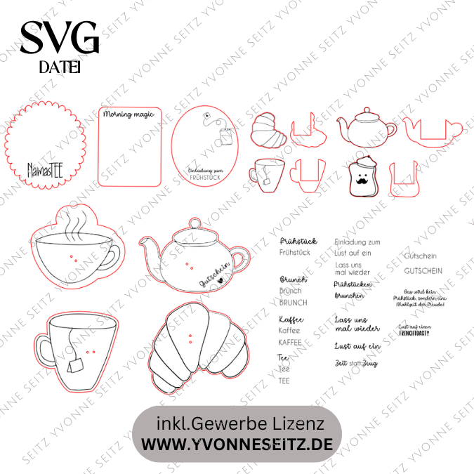 SVG Laserdatei Einladung zum Frühstück Karten für Blumen Gutscheine Brunch Mittagessen Lunch Frenchtoast Croissant Tee Kaffee SVG Datei – Bild 2