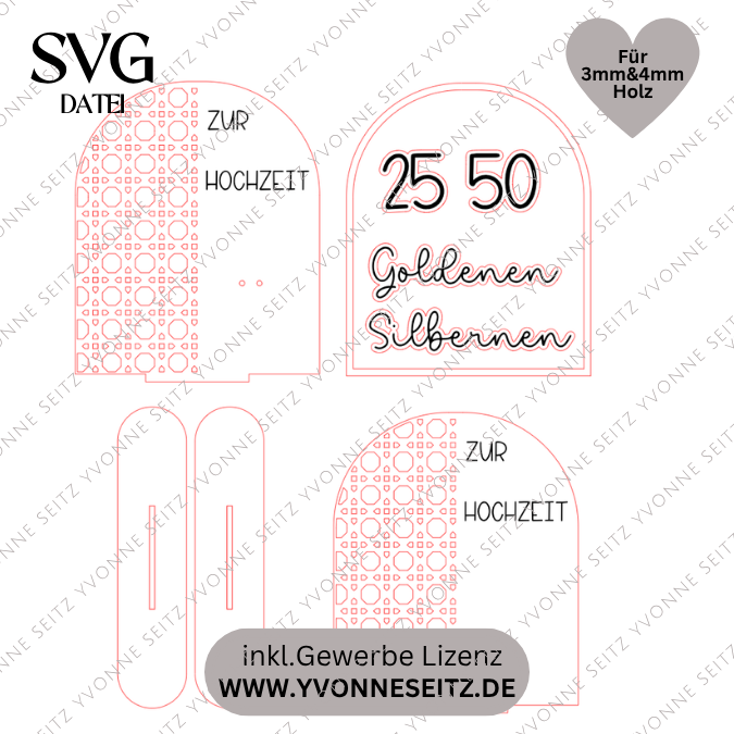SVG Laserdatei Aufsteller Silberhochzeit und Goldhochzeit 25 Hochzeit 50 Jahre verheiratet rattan optik Geldgeschenk Hochzeitsgeschenk personalisierbar 3mm 4mm – Bild 2