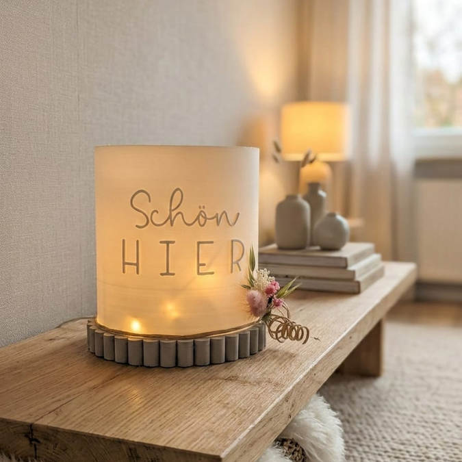 1 3D Druck Datei STL Windlicht rund inkl 2 versch. Sockel für beliebige LED Lichter "Schön hier" 3D-Druck Lampe Outdoor 125x135 SKALIERBAR – Bild 3