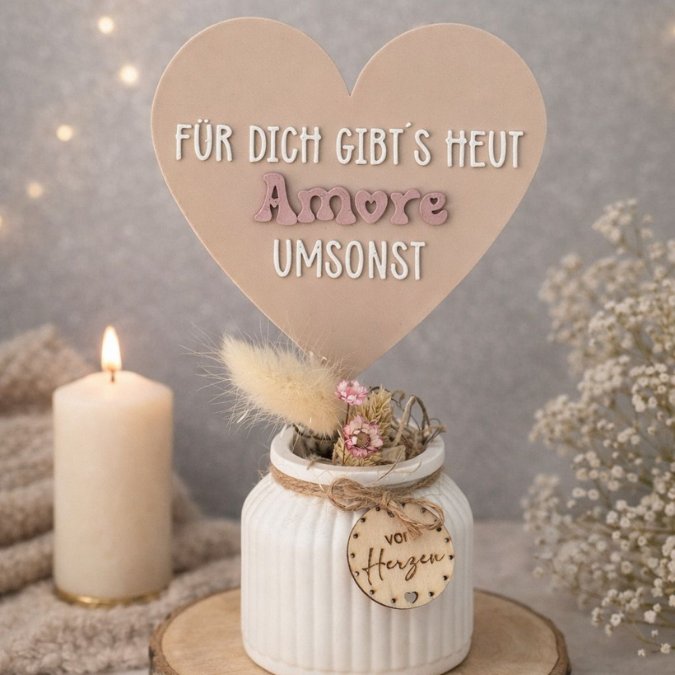 STL 3D Druck Datei 3er Set Schriftzug Schild zum hängen & Herzstecker Statement "Für dich gibts heut Amore umsonst" 3D-Druck Datei Quote – Bild 3