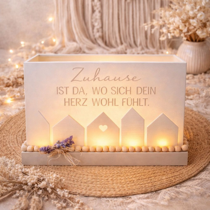 3D Druck Datei STL XXL Windlicht für beliebige LED Lichter Rechteckig Zuhause ist da, wo sich dein herz wohlfühlt + Sockel 240x100mm 3D-Druck
