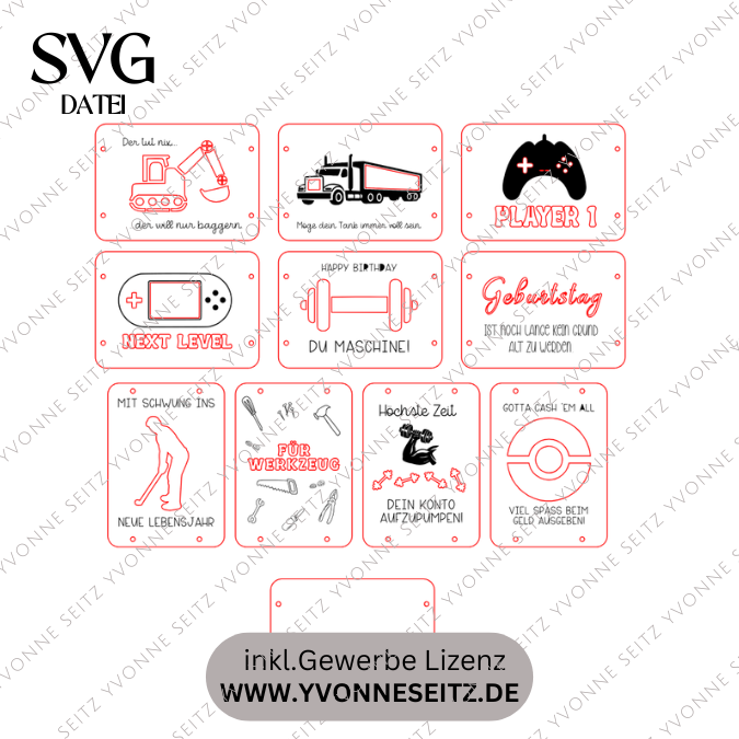SVG Laserdatei Männer Geldgeschenk Verpackung für Geld 10 Designs Gutscheinkarten Vatertag LKW Bagger Playstation Werkzeug Hantel SVG-Datei – Bild 2