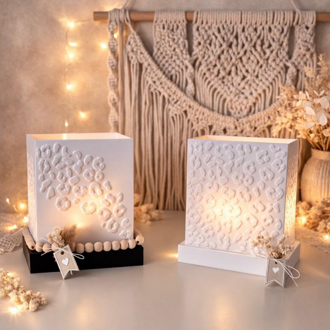 1 3D Druck Datei STL 2er Set Windlicht für beliebige LED Lichter Quadratisch Leo Leopard Leopardenmuster inkl Sockel 120x120mm 3D-Druck – Bild 3