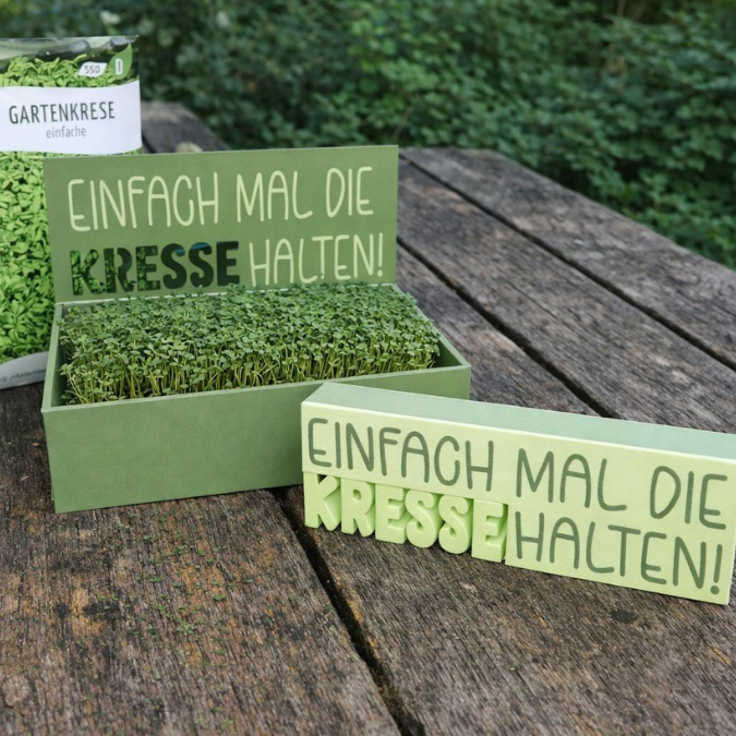 3D Druck Datei 3MF für Bambu 3er Set Kressebox Schriftzug und Halter für Kressesamen "Einfach mal die Kresse halten" 3D-Druck Datei – Bild 4