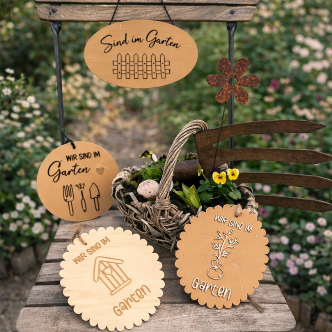 STL 3D Druck Datei Sind im Garten Schilder zum aufhängen Gartenliebe Gartenglück in 4 Designs mit Löchern für Sonnenfänger oder Anhänger – Bild 14
