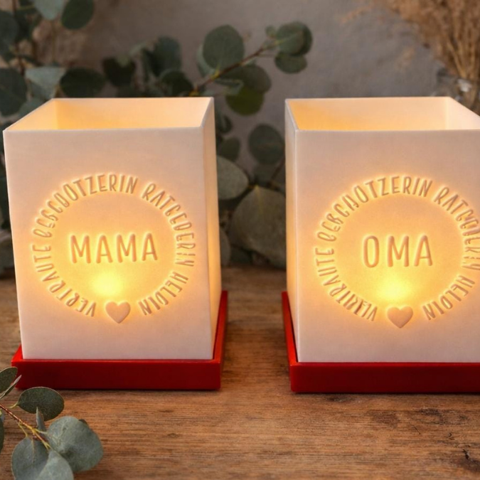 3D Druck Datei STL 2er Set Windlicht für beliebige LED Lichter Quadratisch Mama Oma Muttertag inkl Sockel 120x120mm 3D-Druck