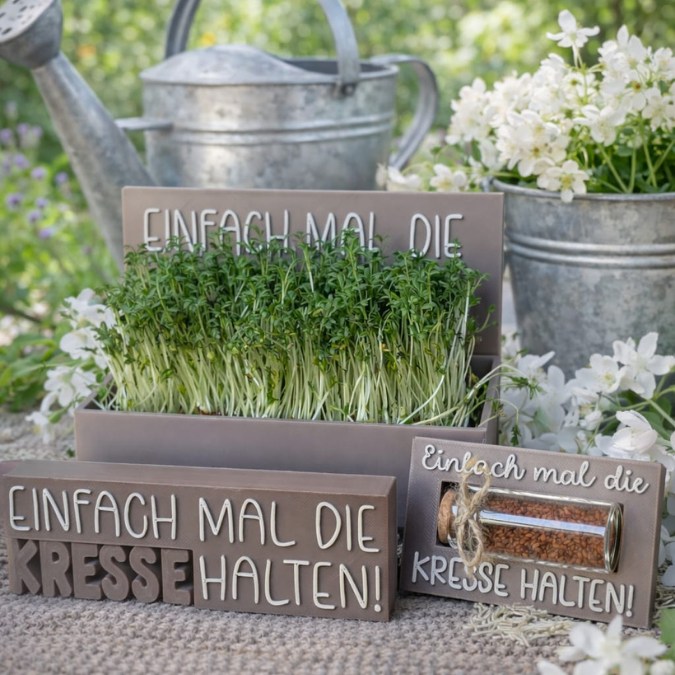 3D Druck Datei 3MF für Bambu 3er Set Kressebox Schriftzug und Halter für Kressesamen "Einfach mal die Kresse halten" 3D-Druck Datei