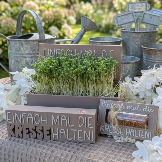 3D Druck Datei 3MF für Bambu 3er Set Kressebox Schriftzug und Halter für Kressesamen "Einfach mal die Kresse halten" 3D-Druck Datei – Bild 6