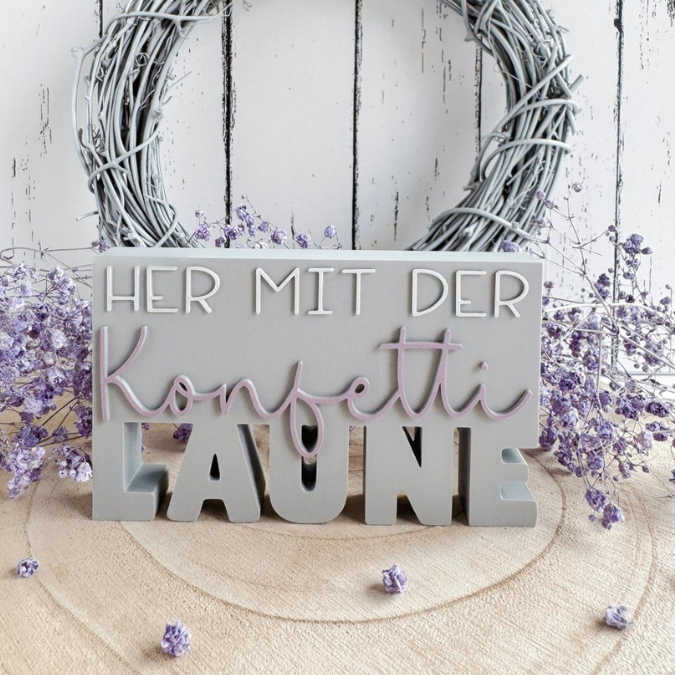 STL 3D Druck Datei Schriftzug Statement 2er Set "Her mit der Konfetti Laune" mit und ohne Blumenlöcher Geburtstag 3D-Druck Datei Aufsteller – Bild 3
