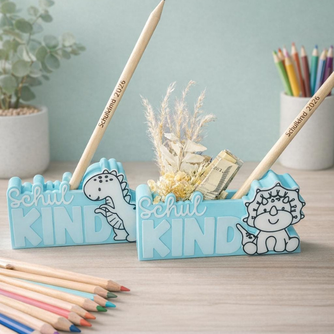 STL 3D Druck Datei 7er Set Dino Schulkind Schriftzug zum füllen Geldgeschenk inkl Caketopper Dinosaurier 3D-Druck Datei Geschenk Einschulung – Bild 5