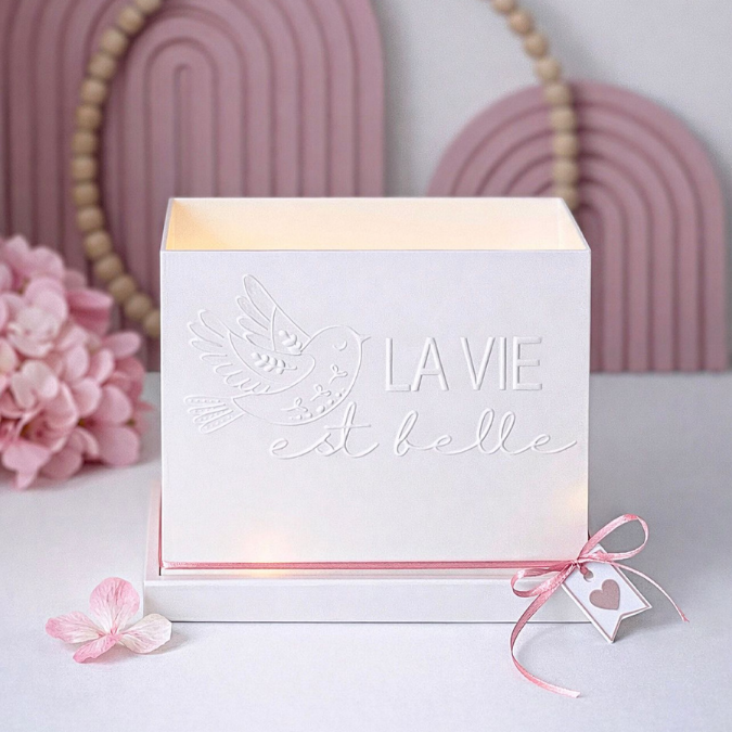1 3D Druck Datei STL Rechteckig Windlicht für beliebige LED Lichter "La vie est belle" mit Vogel inkl Sockel 180x100mm – Bild 8