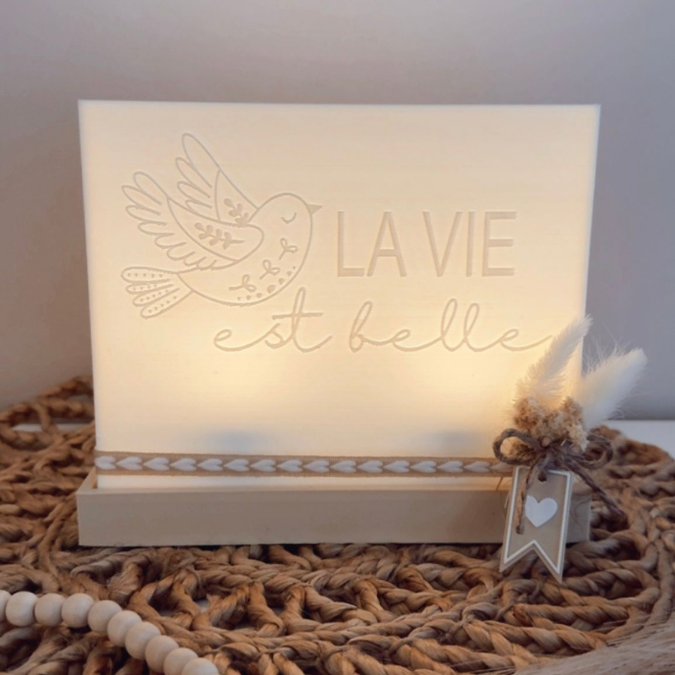 1 3D Druck Datei STL Rechteckig Windlicht für beliebige LED Lichter "La vie est belle" mit Vogel inkl Sockel 180x100mm – Bild 4