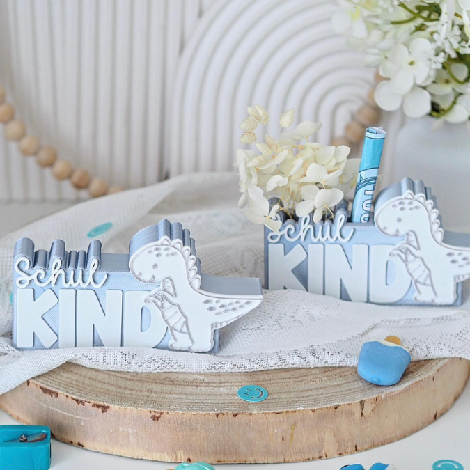 STL 3D Druck Datei 7er Set Dino Schulkind Schriftzug zum füllen Geldgeschenk inkl Caketopper Dinosaurier 3D-Druck Datei Geschenk Einschulung – Bild 3