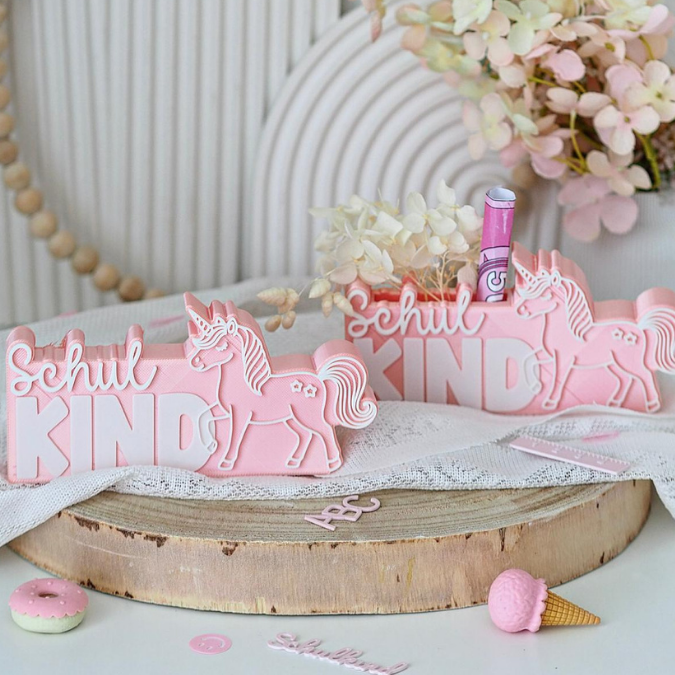 STL 3D Druck Datei 7er Set Einhorn Pferd Pony Schulkind Schriftzug zum füllen Geldgeschenk inkl Caketopper 3D-Druck Datei Einschulung – Bild 3