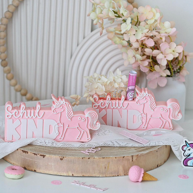 STL 3D Druck Datei 7er Set Einhorn Pferd Pony Schulkind Schriftzug zum füllen Geldgeschenk inkl Caketopper 3D-Druck Datei Einschulung – Bild 5