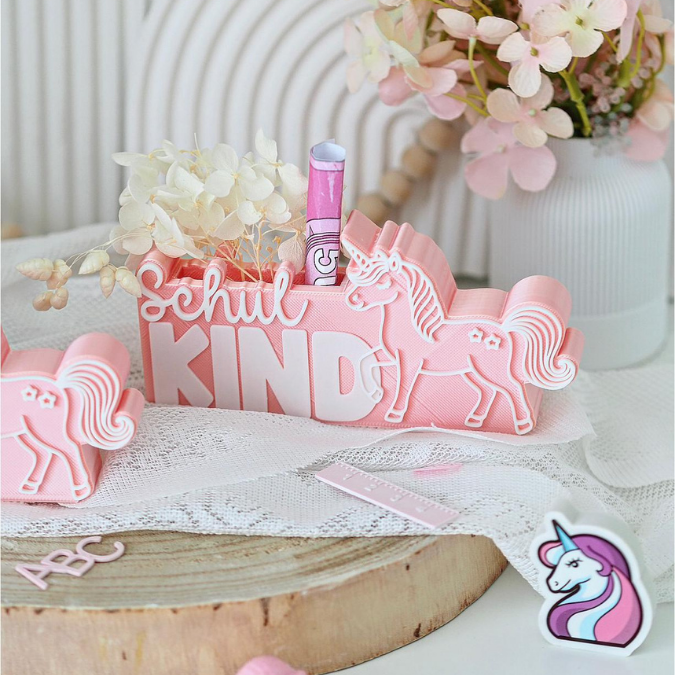 STL 3D Druck Datei 7er Set Einhorn Pferd Pony Schulkind Schriftzug zum füllen Geldgeschenk inkl Caketopper 3D-Druck Datei Einschulung – Bild 6