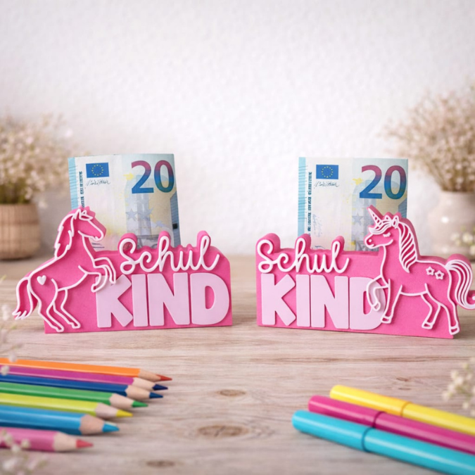 STL 3D Druck Datei 7er Set Einhorn Pferd Pony Schulkind Schriftzug zum füllen Geldgeschenk inkl Caketopper 3D-Druck Datei Einschulung