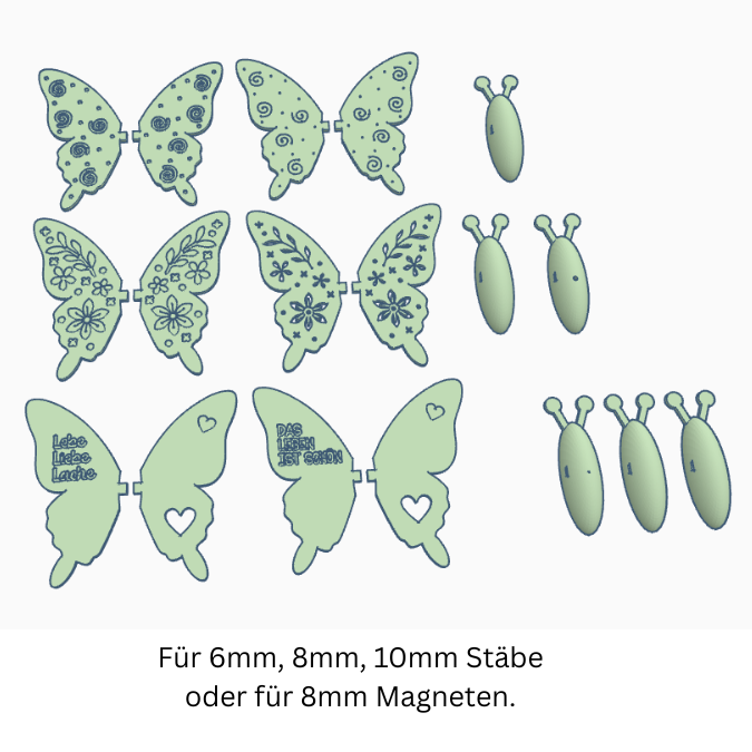 STL 3D Druck Datei Schmetterlinge 2.0 Gartenstecker Deko auch für Magnet 8x2mm Pflanzen Outdoor Deko Pflanzenstecker für 6mm, 8mm & 10mm Stäbe – Bild 2