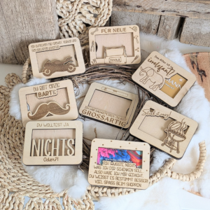 9 Designs Laserdatei Verpackung für Gutscheinkarten Gutscheine Geld Männer Mann Papa Ec Kartengröße Geldgeschenk Wunschgutschein SVG Datei