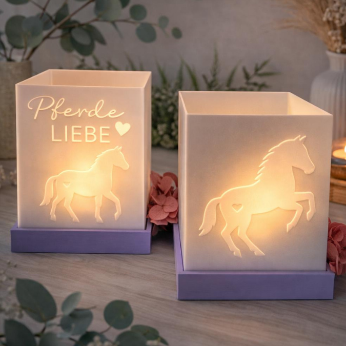 3D Druck Datei STL 2er Set Windlicht für beliebige LED Lichter Quadratisch Pferde Liebe Mädchen inkl Sockel 120x120mm 3D-Druck Reiten – Bild 3