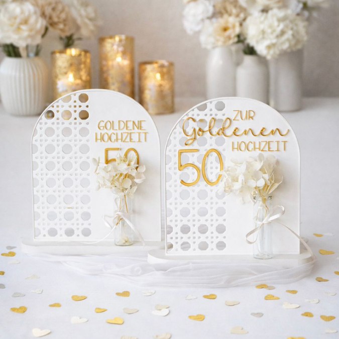 STL 3D Druck Datei Goldene Hochzeit Goldhochzeit Aufsteller mit Platz für Geldgeschenk oder personalisierung Rattanoptik 3D Datei