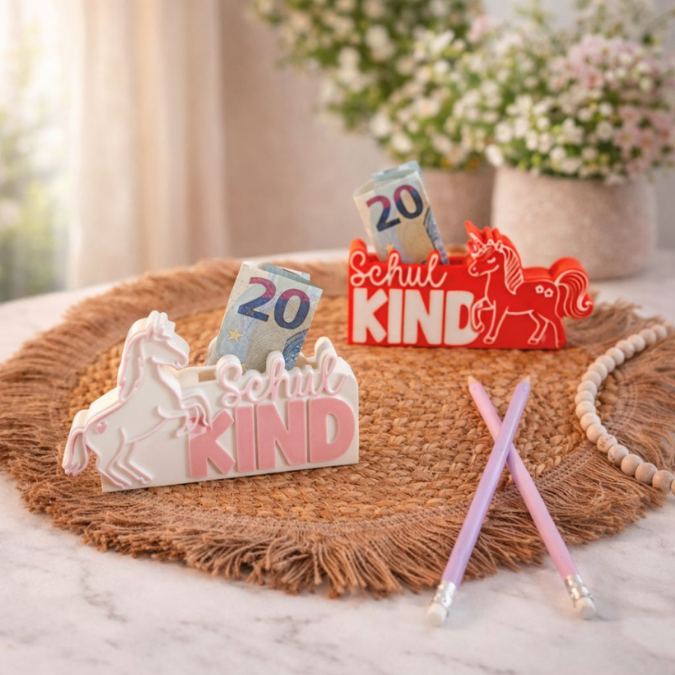 STL 3D Druck Datei 7er Set Einhorn Pferd Pony Schulkind Schriftzug zum füllen Geldgeschenk inkl Caketopper 3D-Druck Datei Einschulung – Bild 4