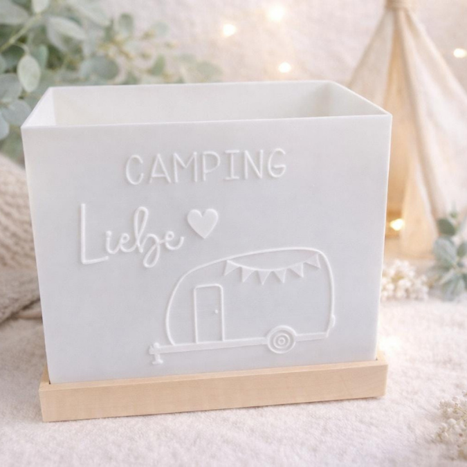 3D Druck Datei STL Rechteckig Windlicht für beliebige LED Lichter "Camping Liebe Wohnwagen" inkl Sockel 180x100mm – Bild 3