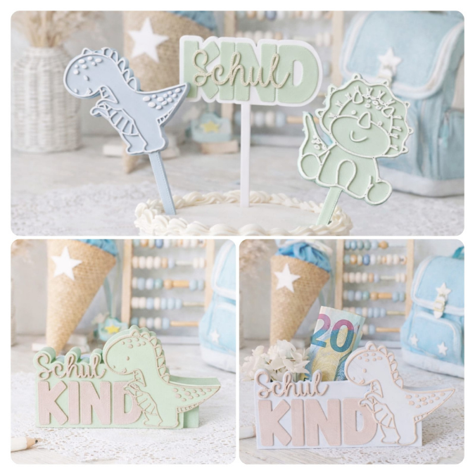 STL 3D Druck Datei 7er Set Dino Schulkind Schriftzug zum füllen Geldgeschenk inkl Caketopper Dinosaurier 3D-Druck Datei Geschenk Einschulung