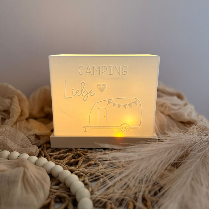 3D Druck Datei STL Rechteckig Windlicht für beliebige LED Lichter "Camping Liebe Wohnwagen" inkl Sockel 180x100mm