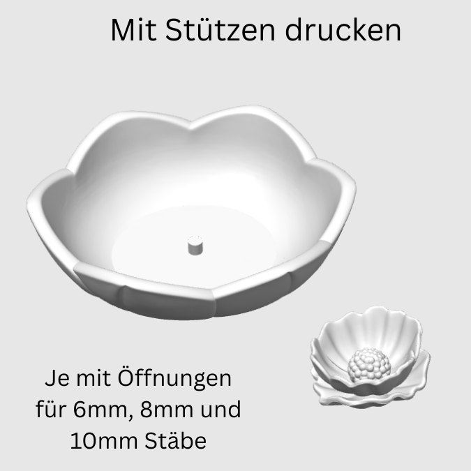 STL 3D Druck Datei Vogeltränke Insektentränke zum stellen oder für 6mm 8mm und 10mm Stäbe inkl Blüte zum stecken 3D-Druck Datei – Bild 2
