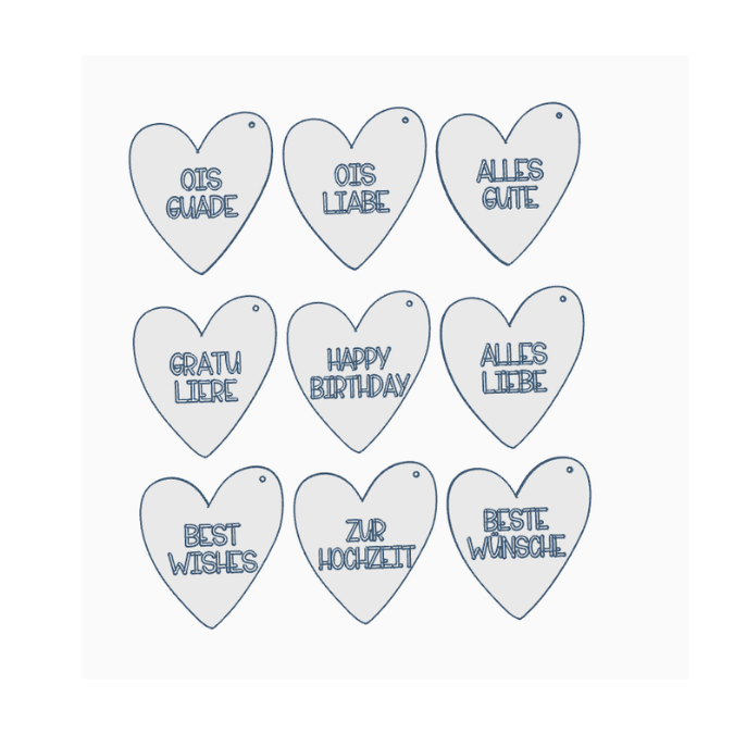 STL 3D Druck Datei Anhänger Herzen 9er Set Geschenkanhänger 3D-Druck Datei Ois Guade Best wishes Gratuliere zu verschiedenen Anlässen – Bild 2