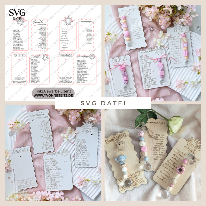 SVG Laserdatei Verpackung Halter für Sonnenfänger verschiedene Designs Anhänger Gute Laune Sommer Sonne Kristall SVG Datei