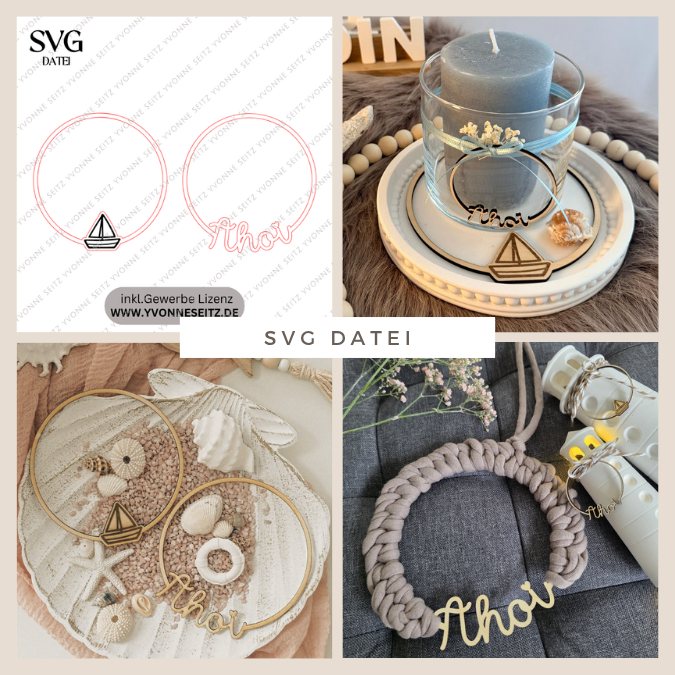 SVG Laserdatei 2 Designs Kranz Kränze Ahoi Segelboot Maritim Urlaub Meer Urlaub Ostsee Nordsee Sommer Heimathafen SVG Datei