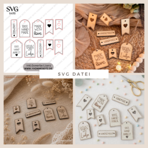 SVG Laserdatei Geschenkanhänger 10 designs Handmade made with love diy Handgemacht herz  verschiedene Anlässe Geschenkidee SVG Datei