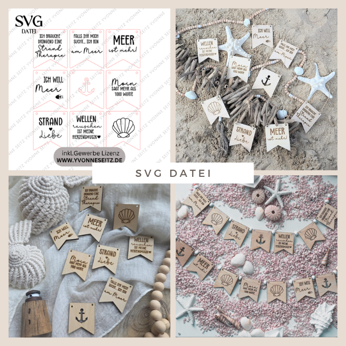 SVG Laserdatei Meer 9 Designs Schilder Wimpel Schildchen Anhänger Tags Urlaub Strand Sand Sonne Gute Laune Sommer SVG Datei