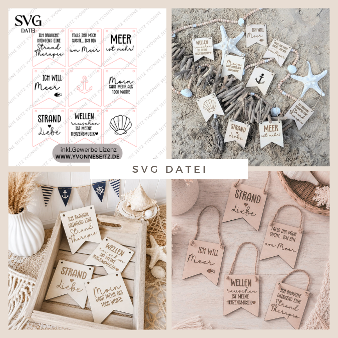 SVG Laserdatei Meer 9 Designs Schilder Wimpel Schildchen Anhänger Tags Urlaub Strand Sand Sonne Gute Laune Sommer SVG Datei