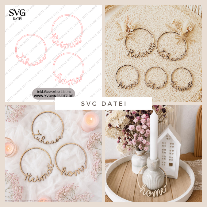 SVG Laserdatei 3 Designs Kranz Kränze Home Heimat Zuhause inline Dekokränze für Trockenblumen SVG Datei