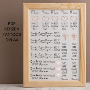 Mama du bist toll Muttertag PDF Kerzen Tattoo Vorlage A4 Kerzentattoos zum selber drucken Wasserschiebefolie Kerzensticker DIGITALE DATEI