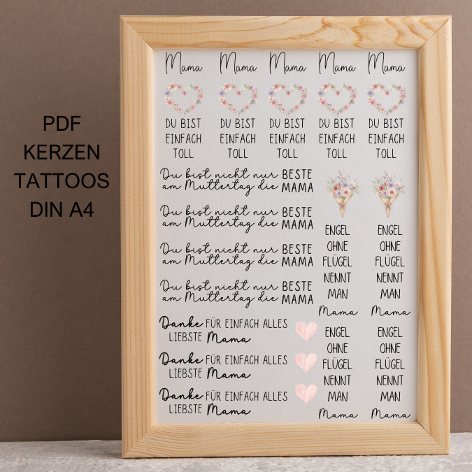 Mama du bist toll Muttertag PDF Kerzen Tattoo Vorlage A4 Kerzentattoos zum selber drucken Wasserschiebefolie Kerzensticker DIGITALE DATEI