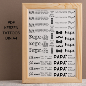 Papa Vatertag schwarz PDF Kerzen Tattoo Vorlage A4 Kerzentattoos zum selber drucken für Wasserschiebefolie Kerzensticker DIGITALE DATEI