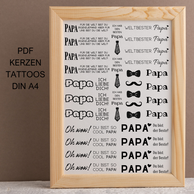 Papa Vatertag schwarz PDF Kerzen Tattoo Vorlage A4 Kerzentattoos zum selber drucken für Wasserschiebefolie Kerzensticker DIGITALE DATEI