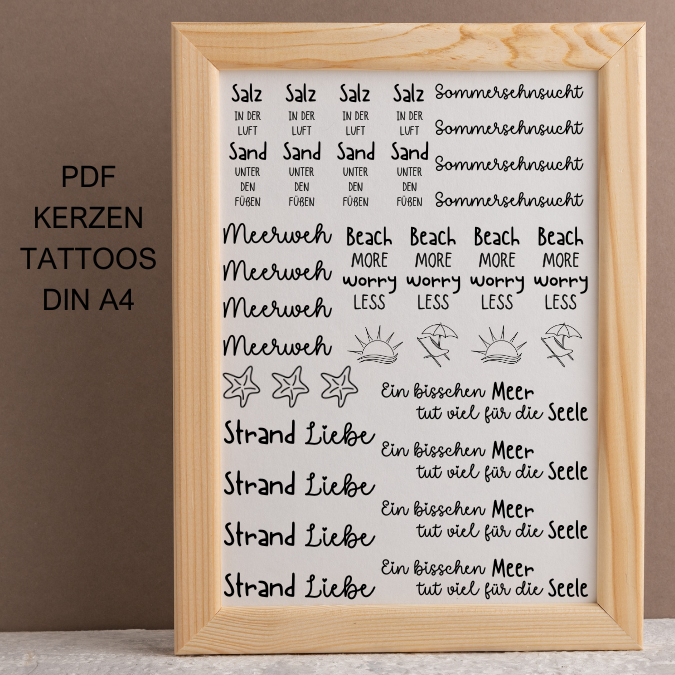 Meer Strand Sommer PDF Kerzen Tattoo Vorlage A4 Kerzentattoos zum selber drucken Kerzensticker DIGITALE DATEI