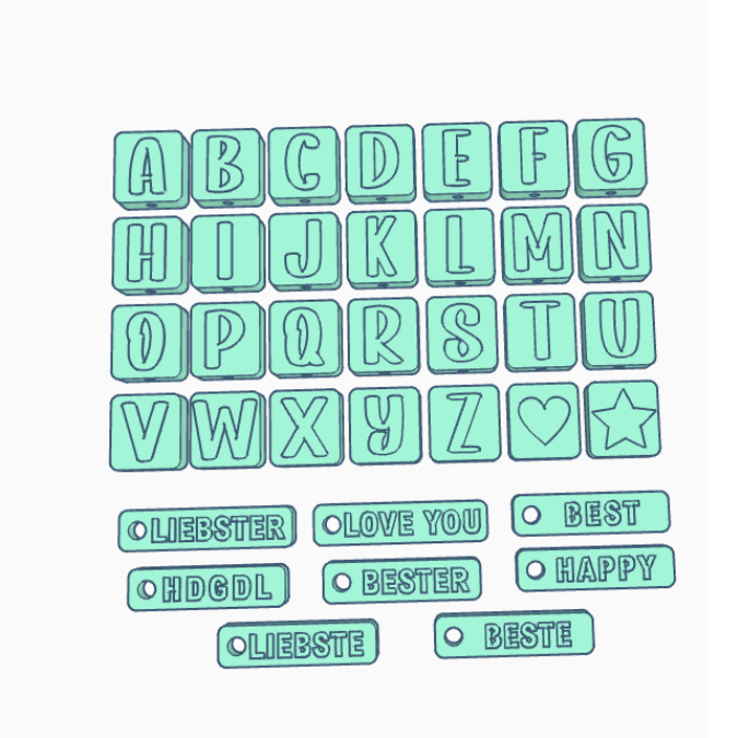STL 3D Druck Datei Buchstaben Alphabet Perlen für Schlüsselanhänger Eckig Abc inkl Anhänger mit kleinem und größerem Loch 3mm 5mm 8mm – Bild 2