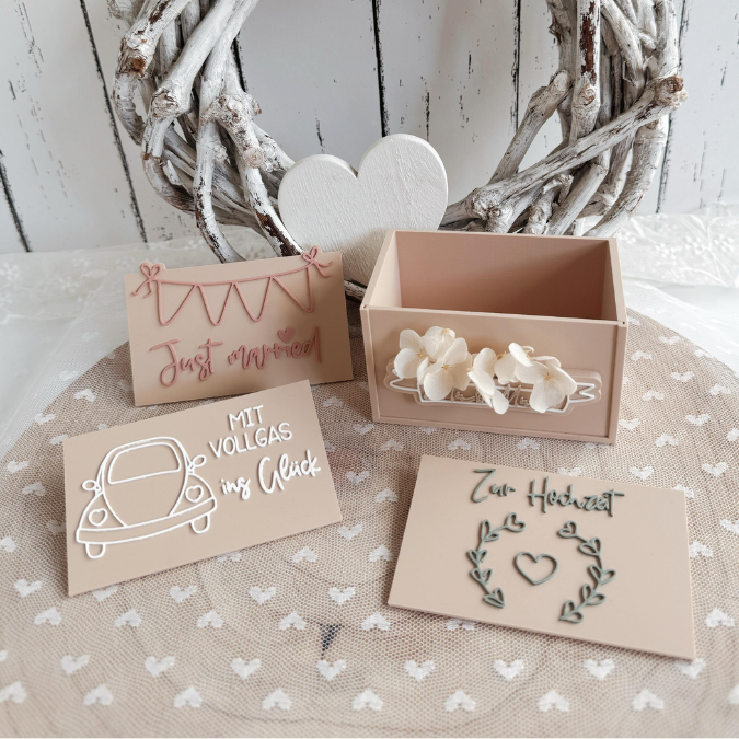 STL 3D Druck Datei Box mit Schiebefront austauschbar inkl 4 Designs Hochzeit Hochzeitsgeschenk 3D-Druck Datei Ehe Braut Wedding Geschenkbox
