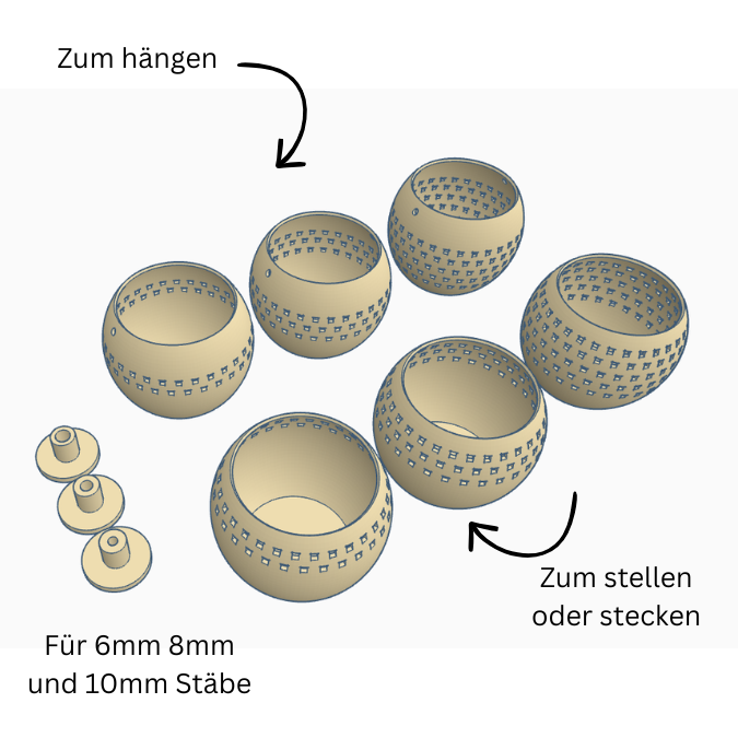 3D Druck Datei STL 3er Set Windlicht für LED Teeliichter oder Solarlichter (8cm) zum stecken, hängen und stellen inkl Stabhalter 6/8/10mm 3D-Druck – Bild 2