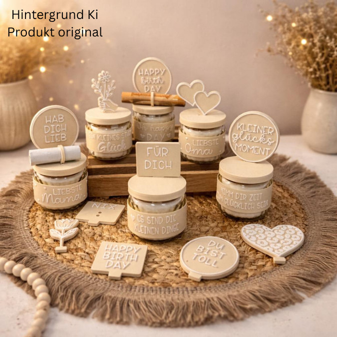 STL 3D Druck Datei XXl Set für Kerzenglas Banderolen Deckel und Stecker Hök Gök 3D-Druck Datei Mama Oma Geburtstag Mitbringsel Geldgeschenk