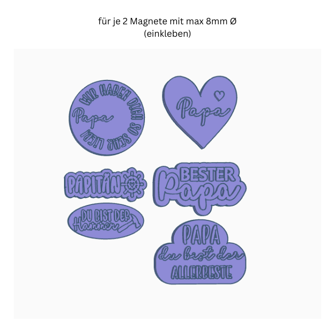 STL 3D Druck Datei 6 Designs Magnet Papa Vatertag für 2 Magnete zum einkleben bis 8mm Durchmesser3D-Druck Datei Kühlschrankmagnet Geschenk – Bild 2
