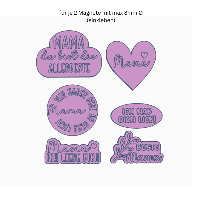 STL 3D Druck Datei 6 Designs Magnet Mama Muttertag für 2 Magnete zum einkleben bis 8mm Durchmesser3D-Druck Datei Kühlschrankmagnet Geschenk – Bild 2