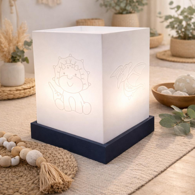 3D Druck Datei STL Dino Windlicht für beliebige LED Lichter Quadratisch Dinosaurier Jungs Nachtlicht inkl Sockel 120x120mm 3D-Druck