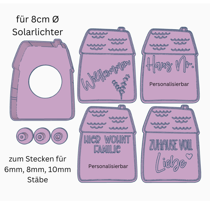 STL 3D Druck Datei Solarlichter Haus 4 Designs zum personalisieren Hausnummer Willkommen 3D-Datei 3D-Druck Vorlage zum stellen oder stecken – Bild 2